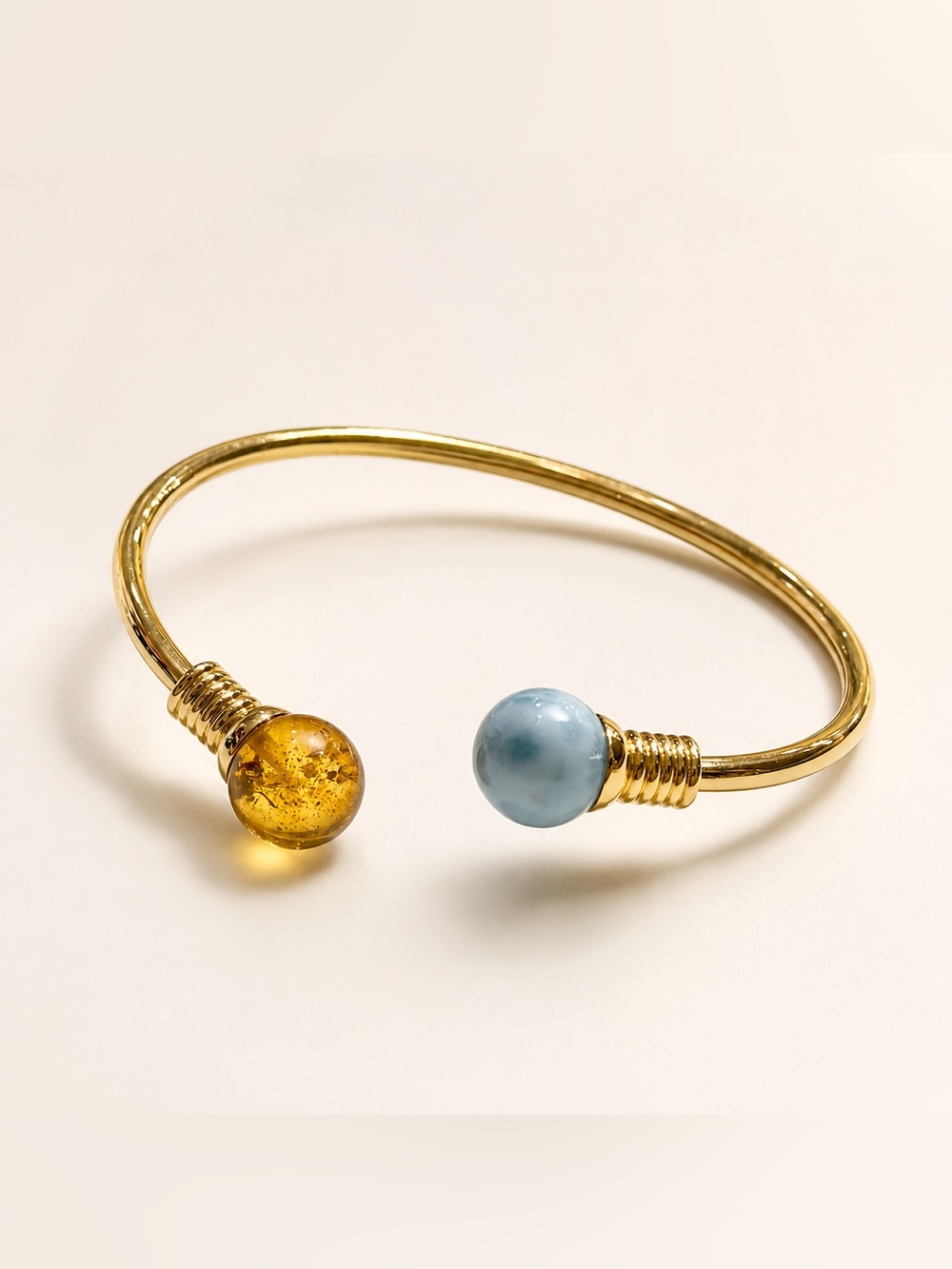 Gold-filled Open Cuff Bracelet with Amber and Larimar Stone from the Dominican R